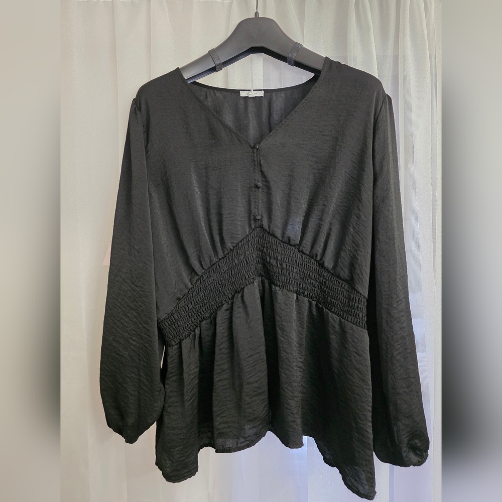 Maurices Black Satin Long Sleeve Pleated Blouse